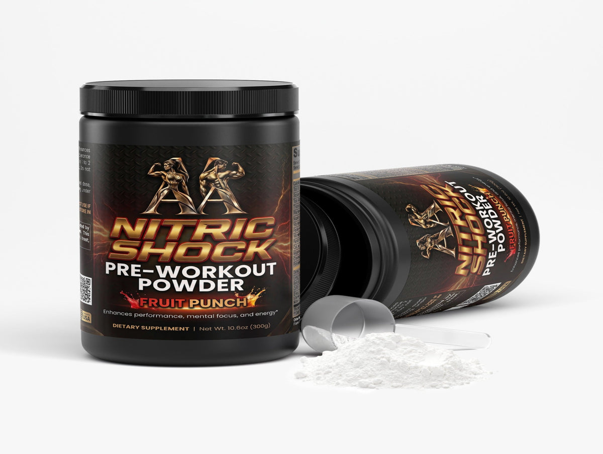 A black tub of Nitric Shock Pre-Workout Powder in Fruit Punch flavor, with one tub standing upright and another lying on its side showing the label. A small scoop of white powder is placed in front on a clean white background.